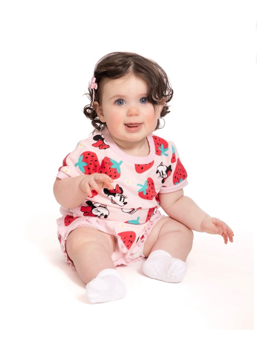 Disney Minnie Mouse Pink & Strawberry Print Ruffle Shirt And Shorts Set 2 Piece